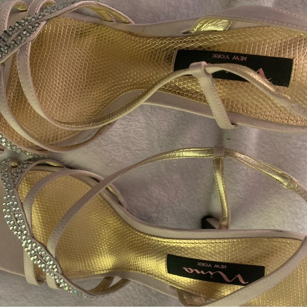 Nina Gathi Gold and Cream Strappy Low Heels wedding guest heels holiday party